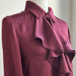 HaveOne Bordeaux Italian Viscose Cascading Ruffle Blouse with Sheen – US S